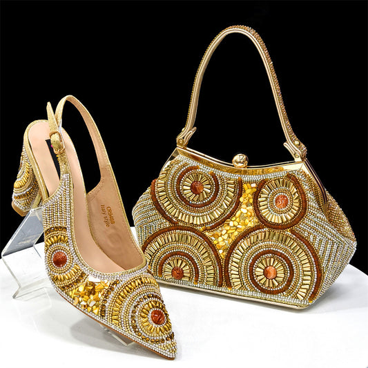 Rhinestone high-heeled pointed-toe sandals and an irregular-shaped handbag