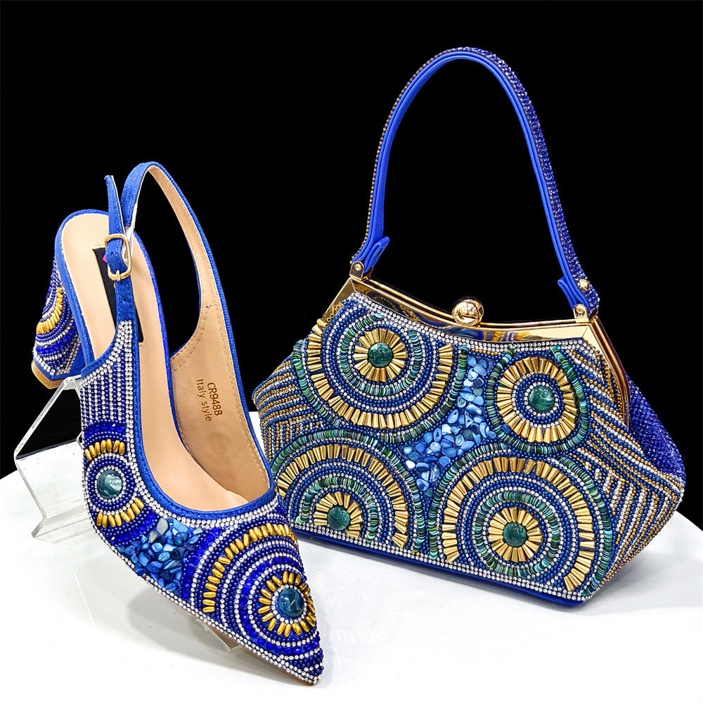 Rhinestone high-heeled pointed-toe sandals and an irregular-shaped handbag