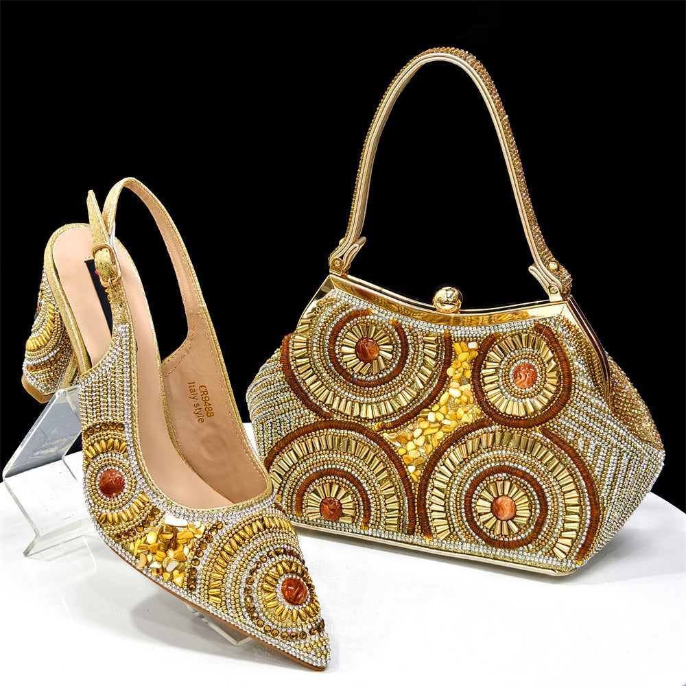 Rhinestone high-heeled pointed-toe sandals and an irregular-shaped handbag