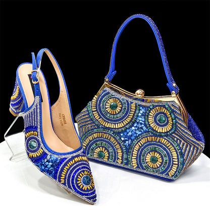 Rhinestone high-heeled pointed-toe sandals and an irregular-shaped handbag