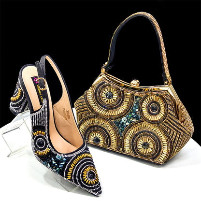 Rhinestone high-heeled pointed-toe sandals and an irregular-shaped handbag