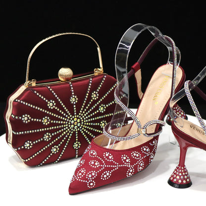 A square box handbag paired with thin-heeled pointed-toe sandals for women