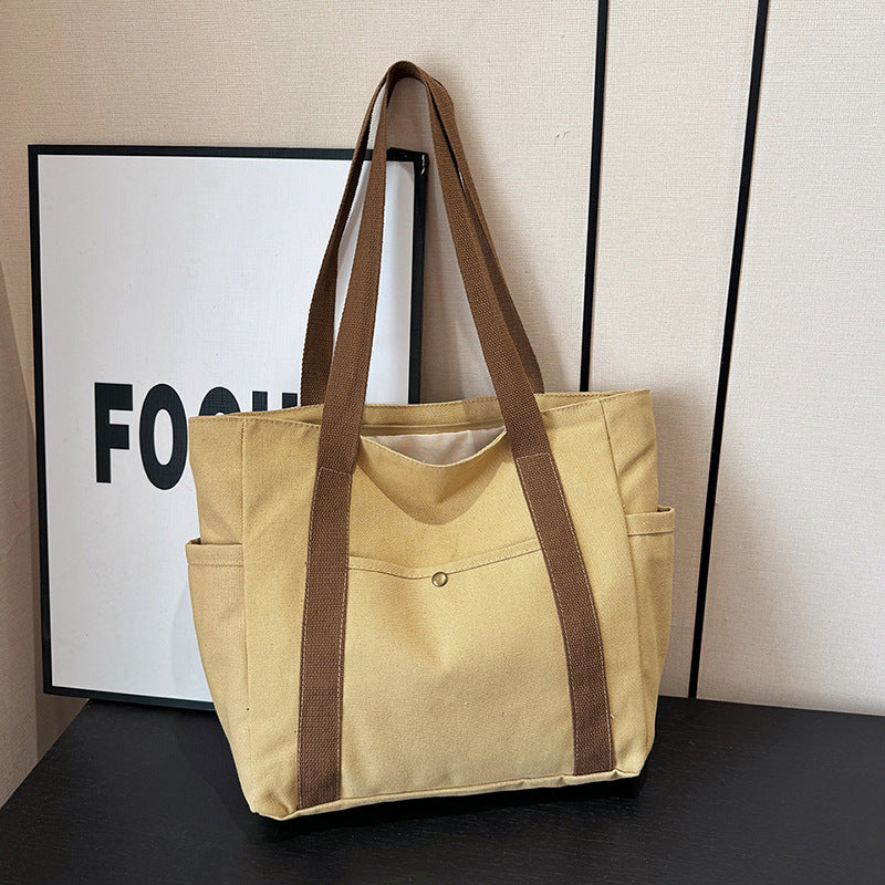 Canvas Bag Women's Handbag Single Shoulder Bag College Students All-match Handbag Commuter Large Capacity Mend-up Bag Multi-pocket