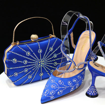 A square box handbag paired with thin-heeled pointed-toe sandals for women