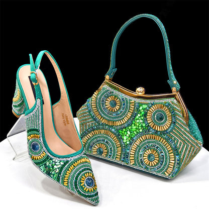 Rhinestone high-heeled pointed-toe sandals and an irregular-shaped handbag