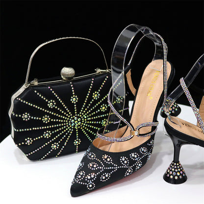 A square box handbag paired with thin-heeled pointed-toe sandals for women