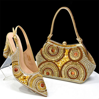 Rhinestone high-heeled pointed-toe sandals and an irregular-shaped handbag