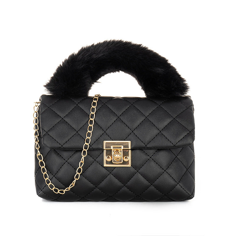 Diamond-patterned fuzzy handbag