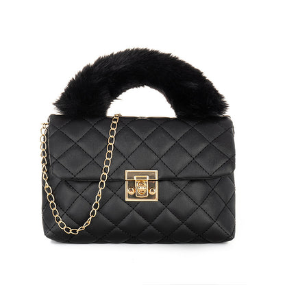 Diamond-patterned fuzzy handbag